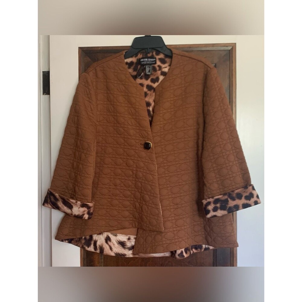 Frank Lyman Quilted Jacket Leopard Lined Cognac Brown Sz 20 Excellent Condition